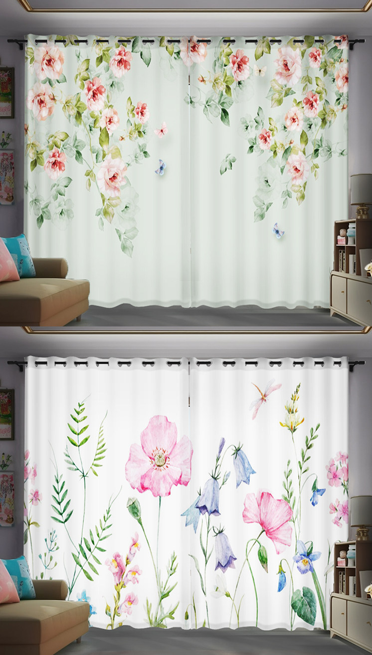 北欧现代小清新绿色植物花卉窗帘儿童卧室客厅飘窗免打孔绍兴柯桥详情12