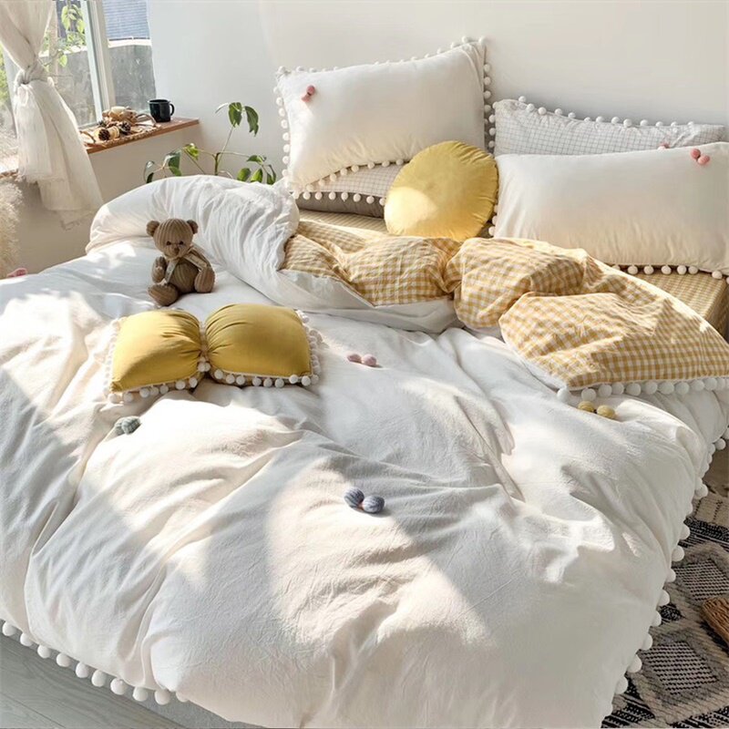 ins color weave washed cotton all cotton four sets pure cotton girl princess wind lotus leaf side wow quilt cover 1 2m bed goods 4