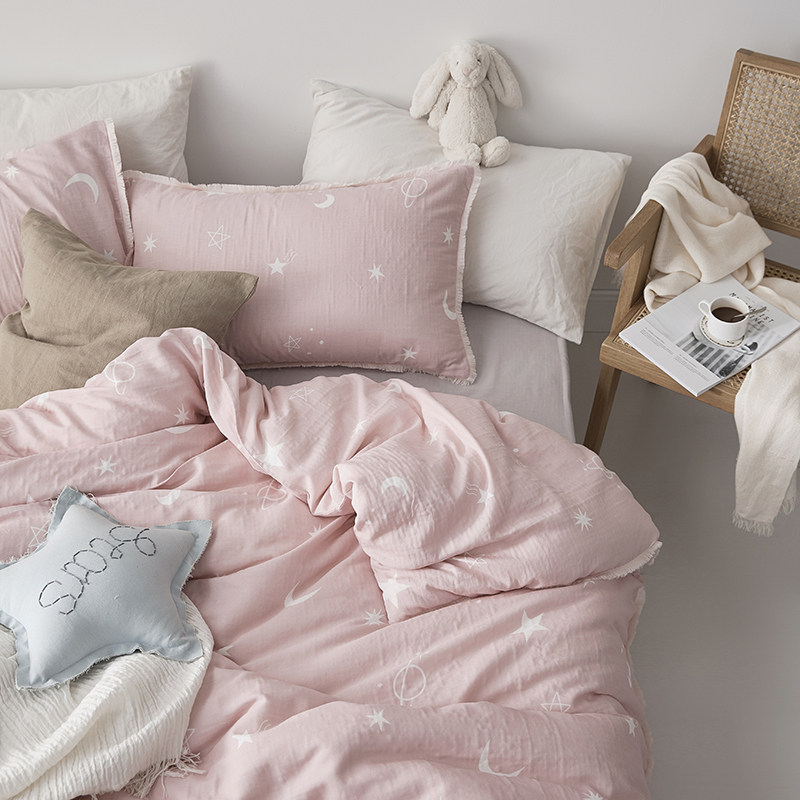 ins pink baby boy double layer yarn full cotton four pieces of pure cotton pro-skin breathable nude sleep flow Su florian bedpint 1 2