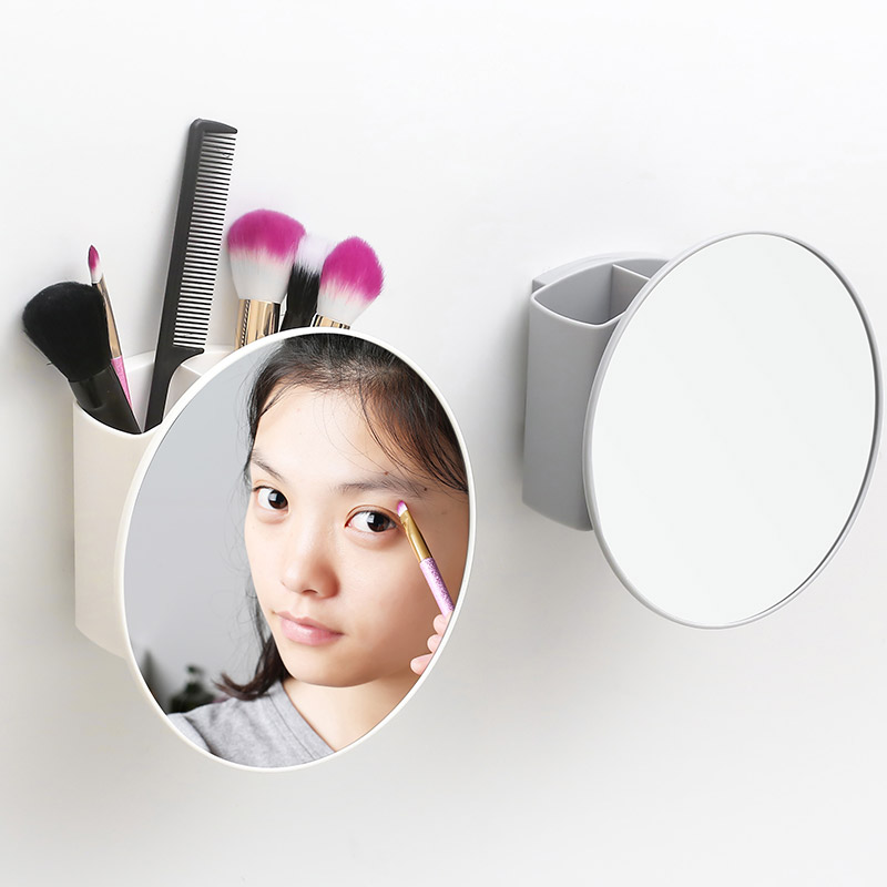 With storage box hanging mirror free perforation bathroom bedroom home make-up mirror wall hanging toilet wall small mirror simple