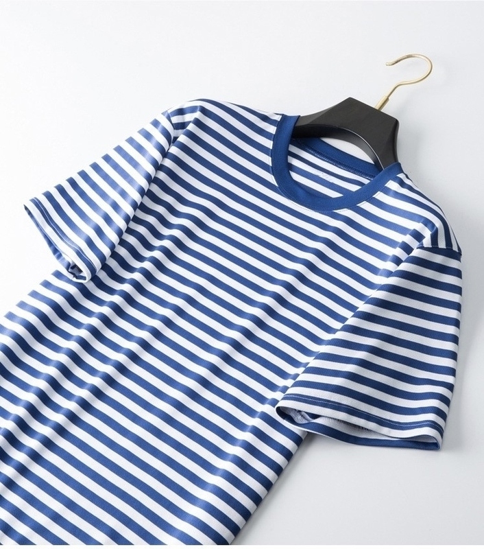 Authentic 100% Pure Cotton Sailor Shirt, Old-Style Short-Sleeve Blue and White Striped Knit Summer T-Shirt with a Round Neck