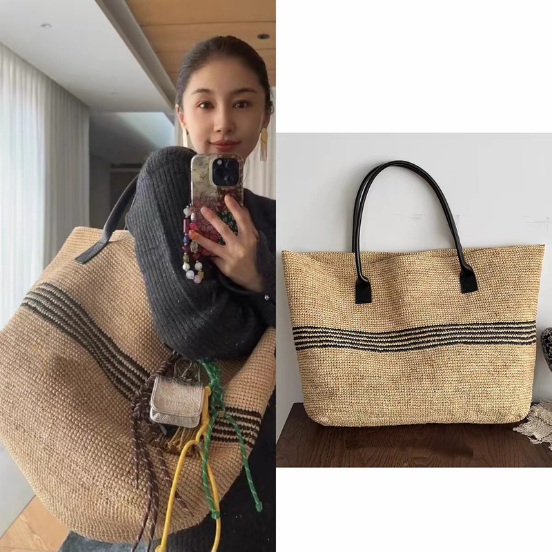 Luo Zhuzhu [Prince Wen's Style] Genuine Leather Tote Raffia New Large-Capacity Beach Bag for Seaside Vacation