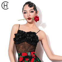 HC·DANCE Latin Dance Suspender Top Beautiful Back Lace Gym Suit with Chest Pad Exercise Suit DS1032