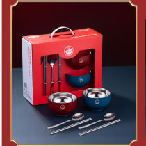 304 stainless steel bowls chopsticks and spoons set double layer anti-scalding insulated bowl wedding creative New Year couple bestie bowl red
