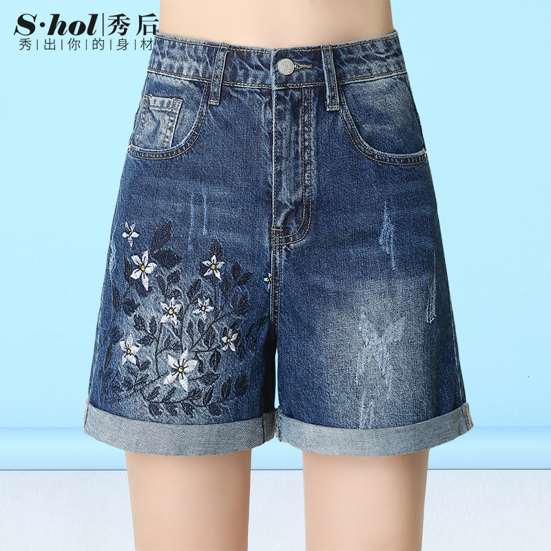 Embroidered High-Waisted Denim Shorts for Women, Summer Thin Style, Slimming Straight-Leg Knee-Length Shorts, Plus Size for Chubby Women, Quarter-Length Shorts