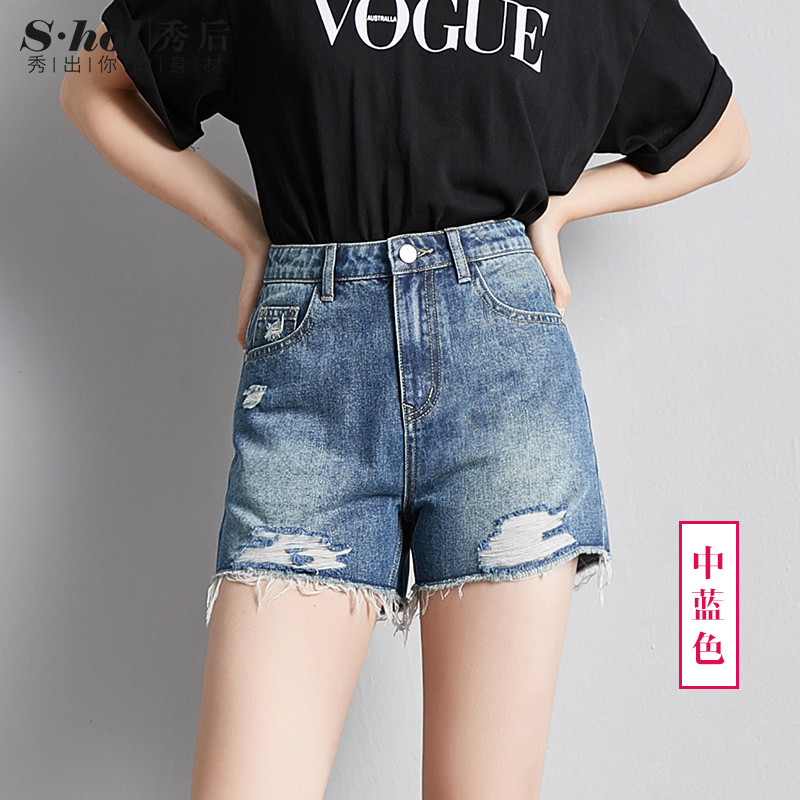 Hiển thị sau khi phiên bản Hàn Quốc tóc lỏng cao eo chương trình mùa hè mới quần short denim nữ lỗ mỏng lỏng rộng chân quần nóng