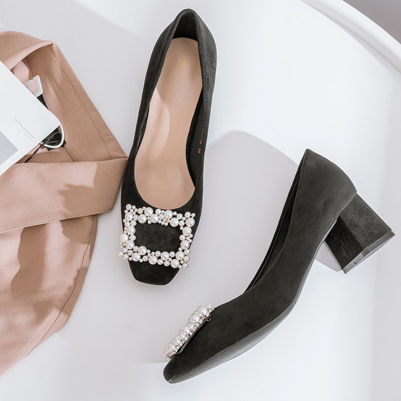 Single shoes 2022 new summer heel heel shoes button black water drill girl shoes in heel large size grandmother's shoes