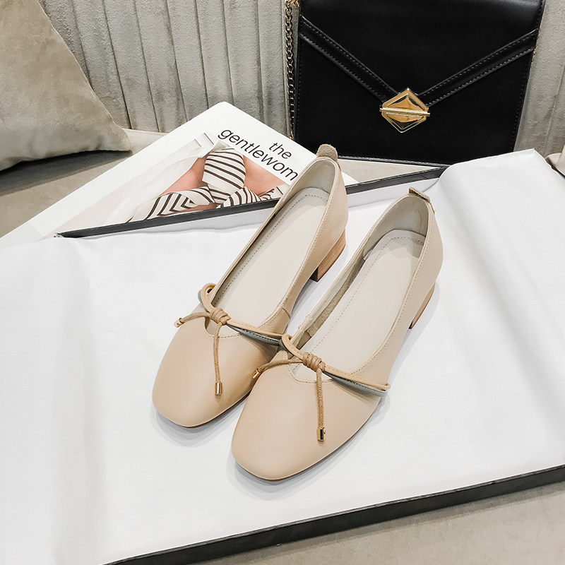 Real Leather Grandma Shoes Female Coarse Heel High Heel Shoes Girl Spring and autumn Bean Bean Girl Shoes Head Layer Cow Leather Breaking and Heel Wrap Shoes