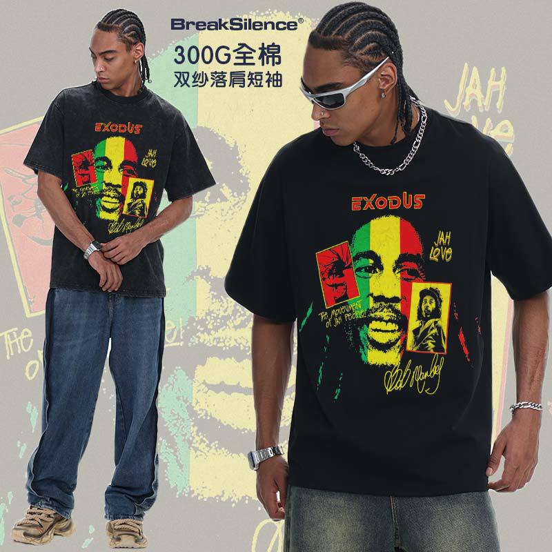 Bob Marley American Retro Print Trendy Brand Loose Washed Heavy Cotton Short-Sleeve T-Shirt