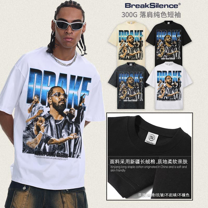 Drake American Hip-Hop Retro Print Trendy Brand Loose Washed Heavy Cotton Spring and Summer Short-Sleeved T-Shirt