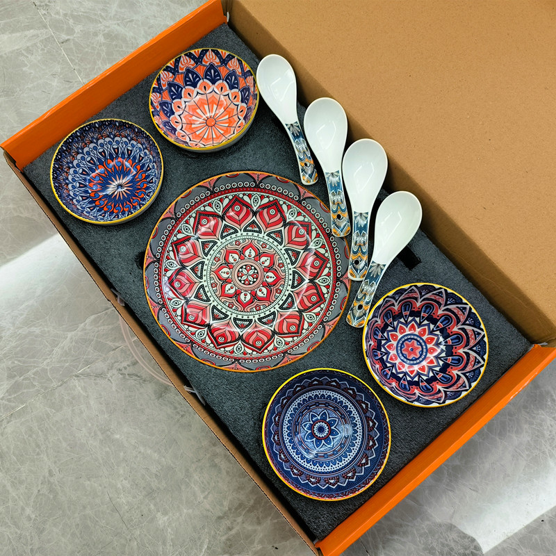 Xinjiang Ethnic Style Painted Ceramic Bowl and Plate Set, Yogurt Bowl, Rice Bowl, Saucer, Spoon, Dish, Tableware Set, Bowl Xinjiang Ethnic Style Painted Ceramic Bowl and Plate Set, Yogurt Bowl, Rice Bowl, Saucer, Spoon, Dish, Tableware Set, Bowl