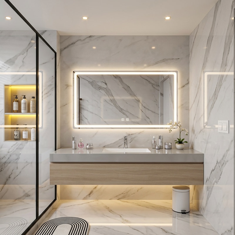 Mirror, Bathroom Makeup Mirror, Wall-Mounted, Illuminated Smart Mirror, Touch Screen, Bathroom Mirror with Light, Anti-Fog, Human Body Sensor