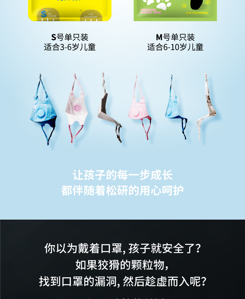 松研 pm2.5防雾霾防尘透气儿童口罩 带呼吸阀 5只装 图7