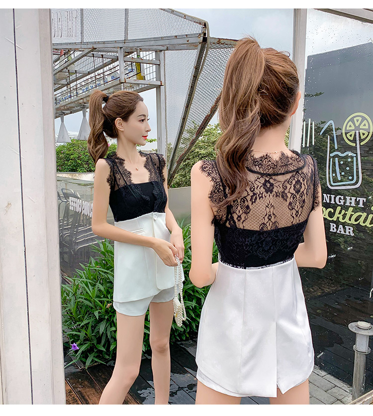 VK旗艦店 韓系拼接馬甲抹胸高腰寬口短褲套裝無袖褲裝