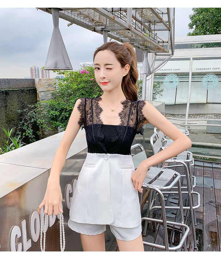 VK旗艦店 韓系拼接馬甲抹胸高腰寬口短褲套裝無袖褲裝