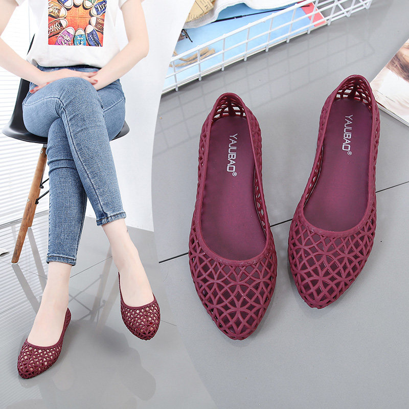 Korea Hollowed-out Breathable Flat Heel Soft Bottom Dongle Mesh Shoes Summer Non-slip Rain Shoes Beach Waterproof Plastic Jelly Glue Shoes Woman