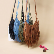 Hand-woven fashionable tassel small bag for women 2024 personality trendy bag casual travel ethnic style crossbody bag mobile phone bag