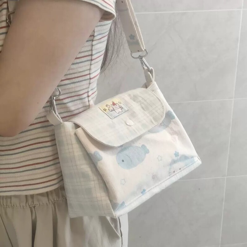 Milk Fufu Blue Fish Crossbody Bag Soft and Cute Cat Pattern Plaid Flap Bag Student Daily Commute Versatile Canvas Bag Milk Fufu Blue Fish Crossbody Bag Soft and Cute Cat Pattern Plaid Flap Bag Student Daily Commute Versatile Canvas Bag