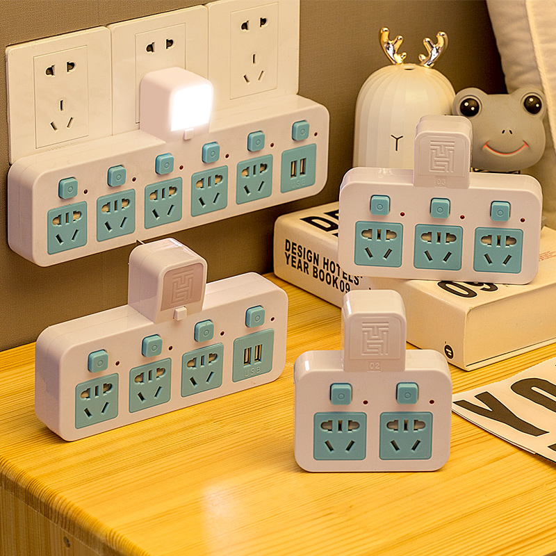 Socket converter plug with night light usb socket panel porous wireless expansion without wire row plug One to two three to four multi-function plug power plug adapter connector Home safety