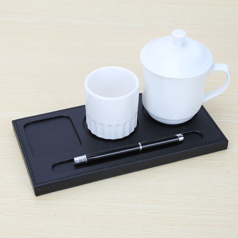 Leather three-hole cup holder Water coaster with pen slot conference mat Creative office hotel hotel supplies custom logo