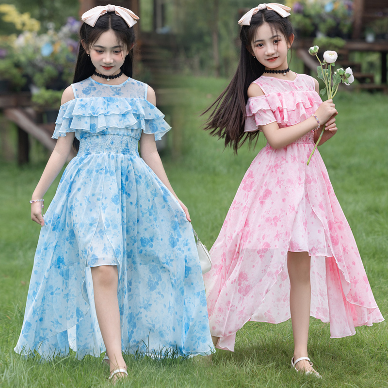 Girls' Floral Long Dress, Summer Style, 2026 New Summer Dress, Girl's Chiffon Kidsren's Summer Beach Dress Girls' Floral Long Dress, Summer Style, 2026 New Summer Dress, Girl's Chiffon Kidsren's Summer Beach Dress