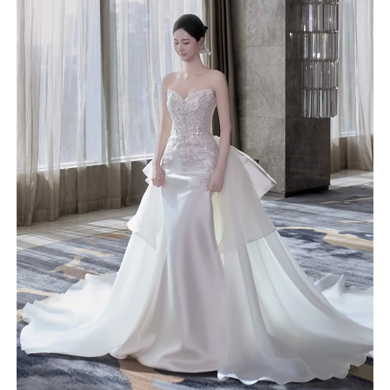 Strapless Light Wedding Dress for Brides 2026 New Style Main Gown High-End Satin Petite Mermaid Reception Engagement Dress Strapless Light Wedding Dress for Brides 2026 New Style Main Gown High-End Satin Petite Mermaid Reception Engagement Dress