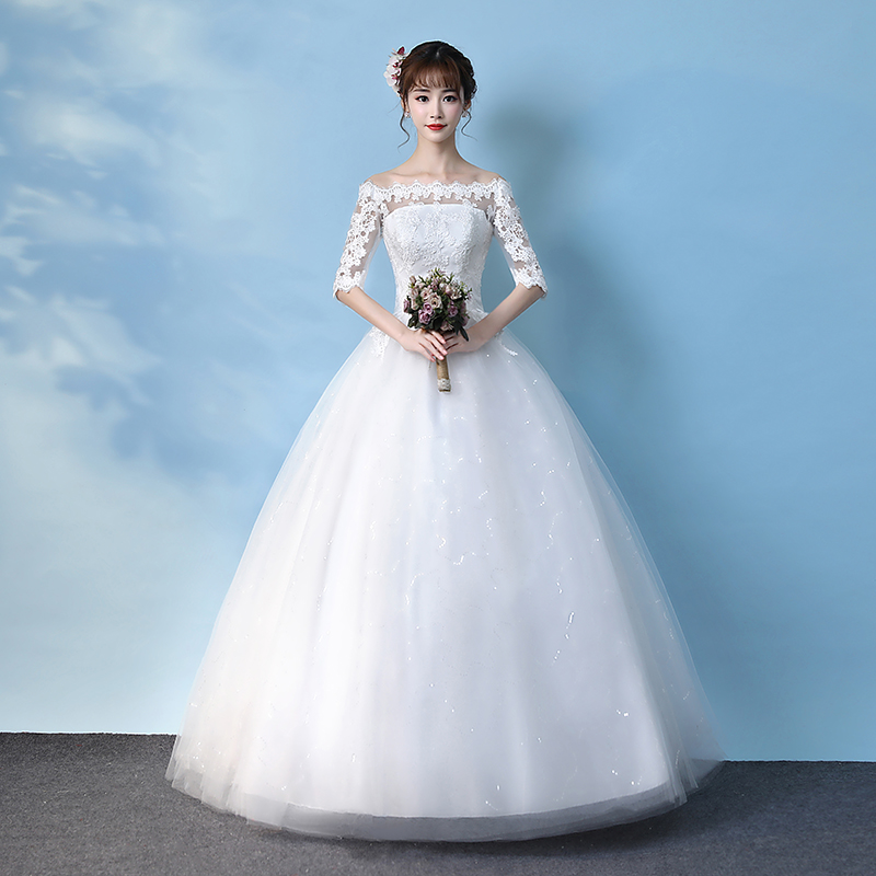 2022 new one lined Shoulder Wedding Dresses Bridal Gown Korean Princess Mid Sleeves Slim Trailing White Light Wedding Dress