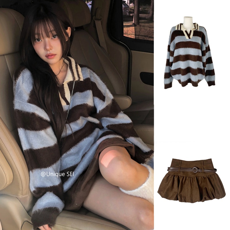 Unique Sei Korean Style Age-Reducing College Style Striped Lapel Loose Knit Sweater Slimming Floral Short Skirt