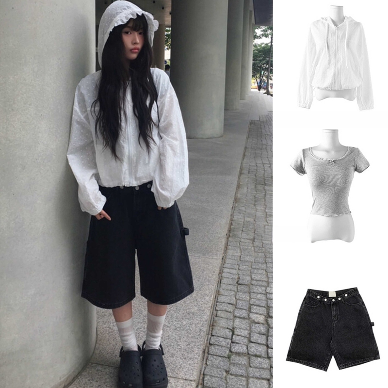 Unique Sei Korean Style Summer Bow Lace Patchwork Short-Sleeved T-Shirt Casual Sun Protection Jacket Denim Shorts