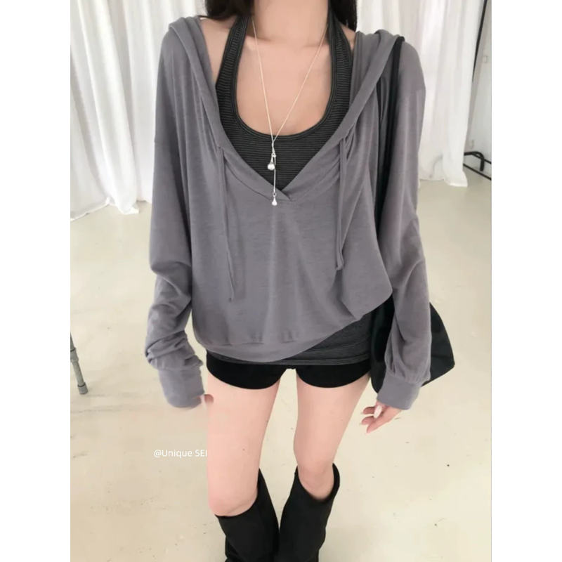 Unique Sei Korean Style Light Sand Dune Retro V-Neck Casual Relaxed Lazy Hooded Long-Sleeved T-Shirt Top for Women Unique Sei Korean Style Light Sand Dune Retro V-Neck Casual Relaxed Lazy Hooded Long-Sleeved T-Shirt Top for Women