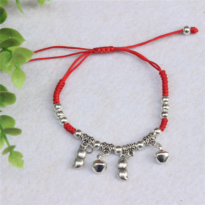 Trang sức dân tộc Miao vòng đeo tay bạc SpongeBob tinh khiết dệt thủ công để tránh ác đỏ vòng tay vòng chân chuông - Vòng chân lắc chân nữ