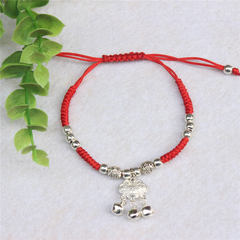 Trang sức dân tộc Miao vòng đeo tay bạc SpongeBob tinh khiết dệt thủ công để tránh ác đỏ vòng tay vòng chân chuông - Vòng chân lắc chân nữ