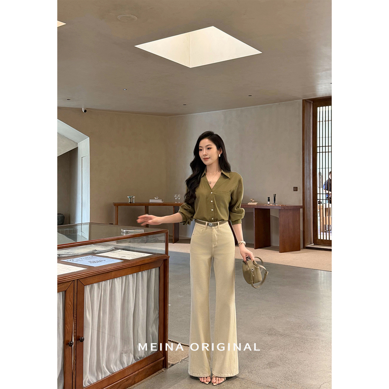 Meina's New Lycra Lyocell High-Waisted, High-Elastic, Straight-Leg, Slightly Flared Design Slimming Commuter Jeans in Milk Tea Color Meina's New Lycra Lyocell High-Waisted, High-Elastic, Straight-Leg, Slightly Flared Design Slimming Commuter Jeans in Milk Tea Color