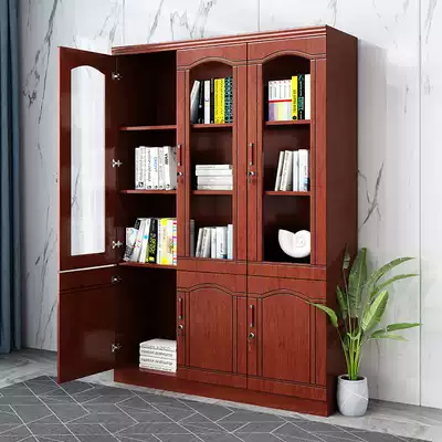 Office document bookcase Floor-to-ceiling data cabinet Glass door data rack with drawer Assembled wooden collection storage cabinet