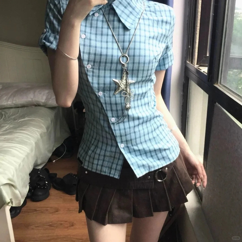 Jikoo~ Blue Checkered Short-Sleeve Shirt with a Unique Design for Women, Summer Korean Style Color-Blocked Plaid Blue Top Shirt