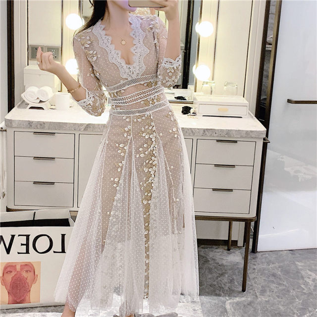 Heavy industry embroidered wave dot mesh dress female spring and autumn celebrity temperament super fairy long dress party dress skirt