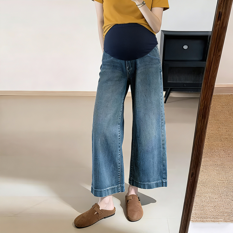 Maternity Wide-Leg Jeans for Outerwear, Spring and Summer Thin Style, Petite Size, Non-Constricting during Pregnancy, Cropped Pants Maternity Wide-Leg Jeans for Outerwear, Spring and Summer Thin Style, Petite Size, Non-Constricting during Pregnancy, Cropped Pants