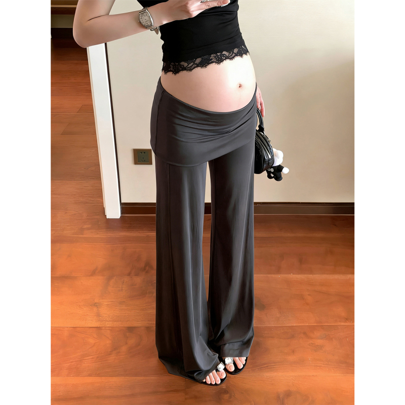 Maternity Wide-Leg Pants with Cuffed Waist, Thin Style for Spring and Summer, Gray Color, Non-Tightening on the Belly, Drapey Floor-Length Pants for Pregnant Women