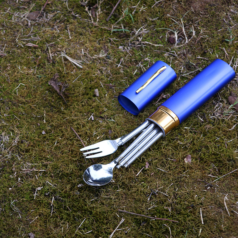 Outdoor tableware camping stainless steel environmental protection barbecue travel portable field chopsticks fork spoon combination three-piece set
