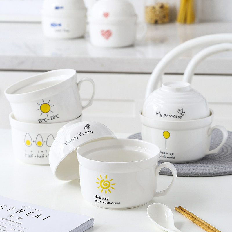 Bowl with cover bowl lunch box office worker instant noodle bowl with handle ceramic soup bowl student dormitory porcelain bowl instant noodle bowl rice bowl