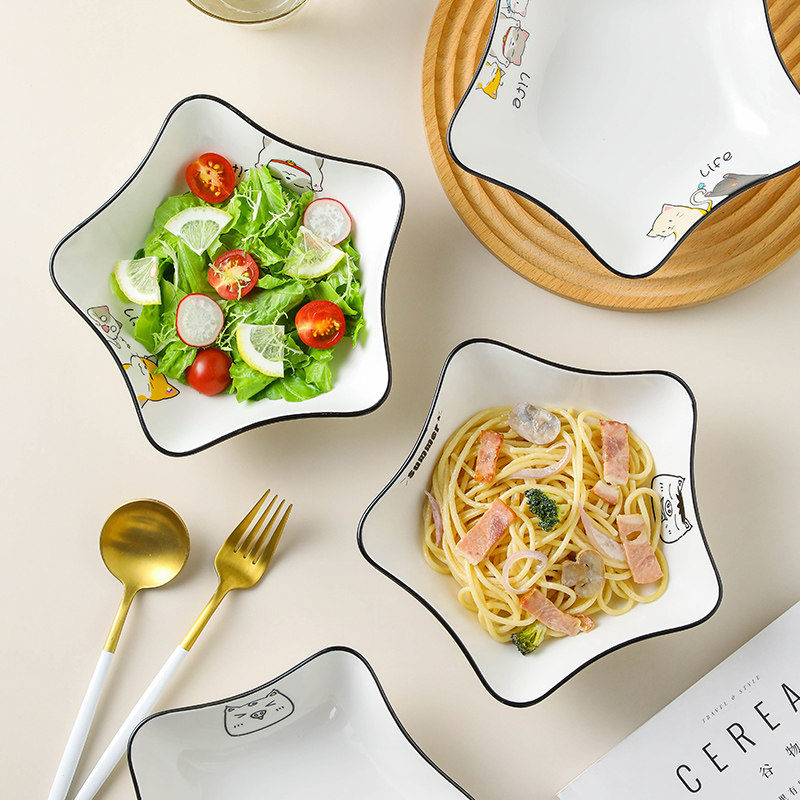 Pentagon dish household cute cartoon cat square ceramic plate combination package Creative mesh dish