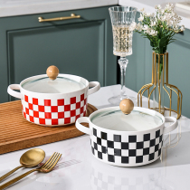 Instant noodle bowl with lid handle checkerboard pattern Japanese office worker lunch box ceramic rice bowl microwave oven student dormitory porcelain bowl