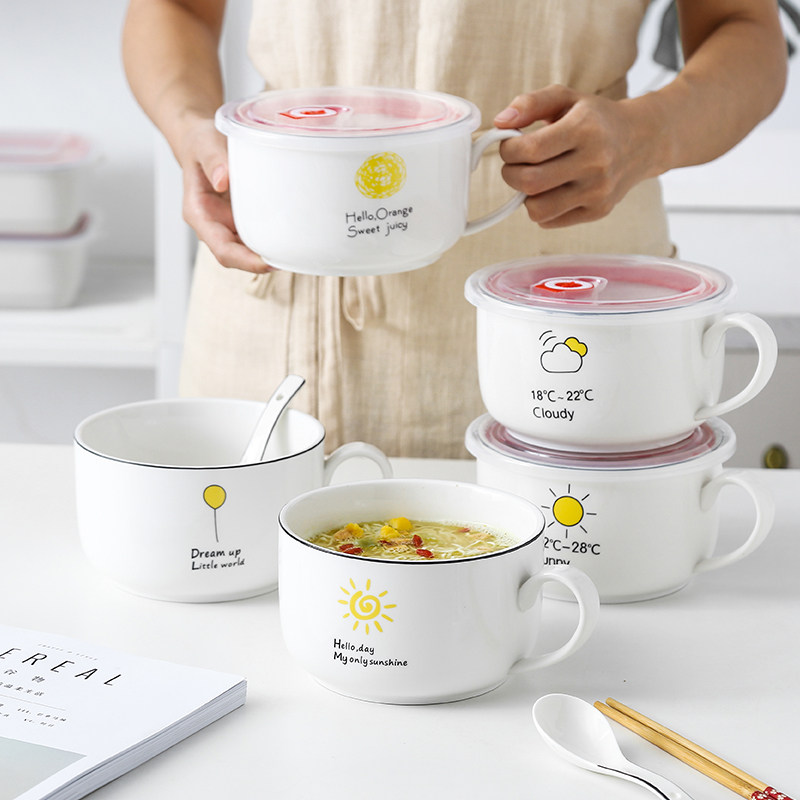 Creative Cartoon Lunch Box Ceramic Large Bowl Bubbling Noodles Bowl With Lid Refreshing Bowl Students Lunch Box Dorm Bowl Cutlery Sets