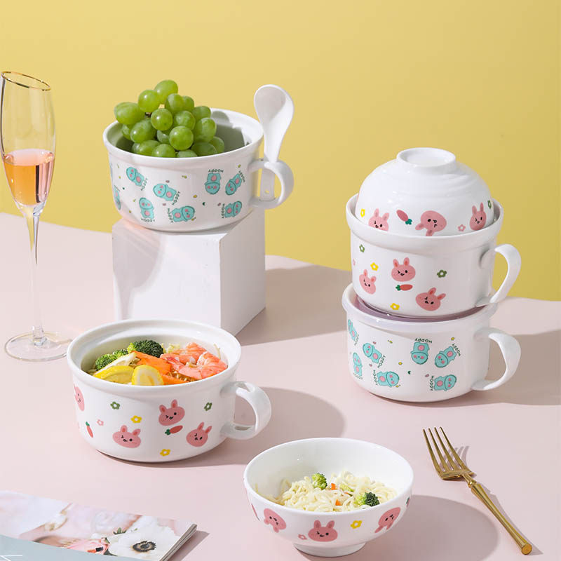 Ceramic Japanese tableware cute bubble bowl with covered student dorm with soup bowl for convenient noodle bowl for microwave oven