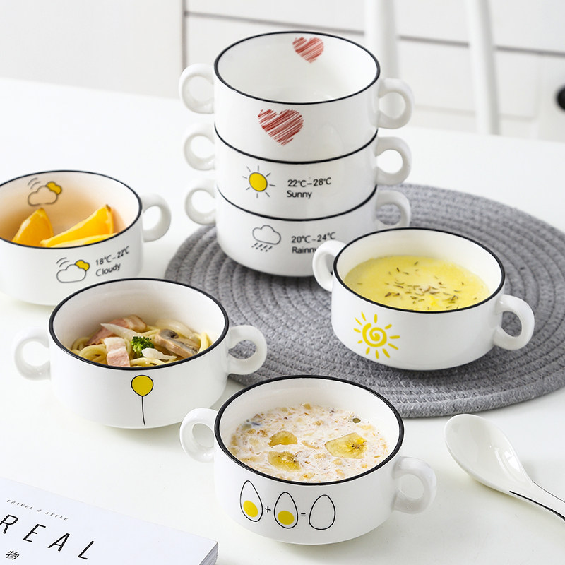Binaural soup cup Soup bowl Creative ceramic small salad bowl Western bowl Household bird's nest bowl Dessert bowl Breakfast steamed egg bowl