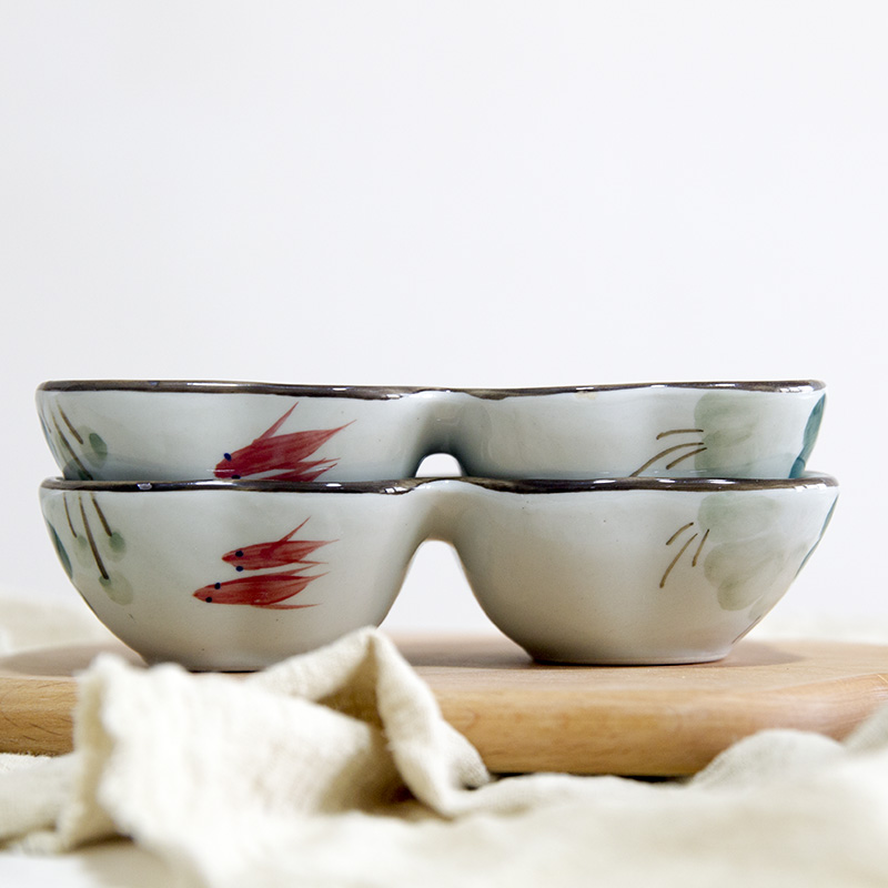 And four seasons condiment disc ink jiangnan lotus expressions using flavor dish double lattice dessert plate flavor dish under glaze color porcelain dish
