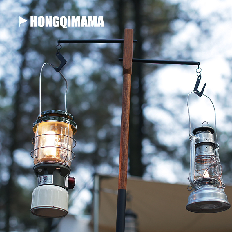 Outdoor camping retro solid wood wrought iron bracket three-section old-fashioned kerosene lamp kerosene portable camp lamp folding lamp pole