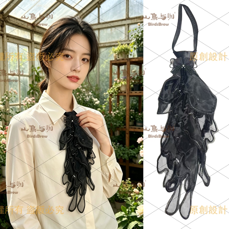 Original [Butterfly Shadow] Black Gauze Flower No-Tie Necktie Dark Mori Style Retro Lace Collar Shirt Jk Niche Accessory