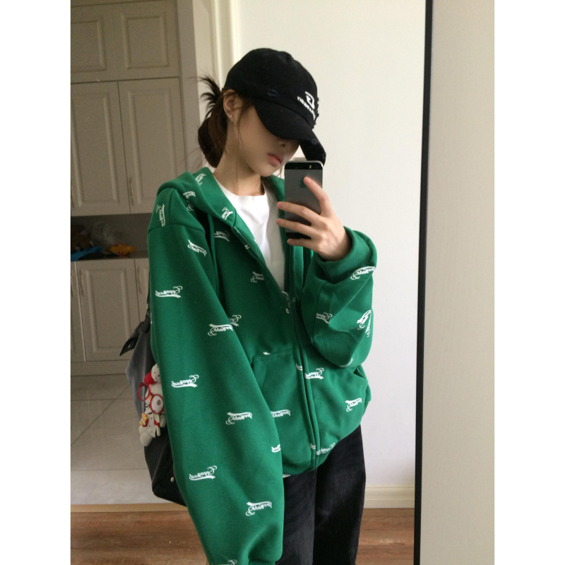 American Retro Letter Print Cardigan Hooded Sweatshirt for Women Spring and Autumn 2026 New Style Lazy Style Loose Hoodie Jacket American Retro Letter Print Cardigan Hooded Sweatshirt for Women Spring and Autumn 2026 New Style Lazy Style Loose Hoodie Jacket