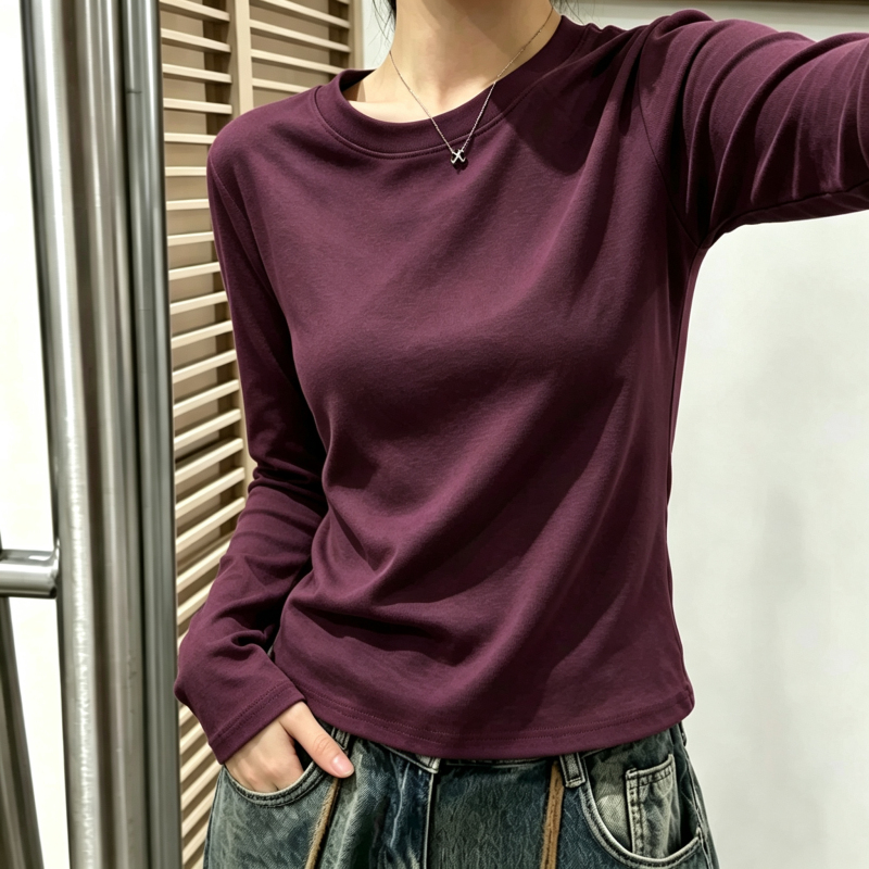 Grape Purple Long-Sleeve T-Shirt for Women, Korean Style, Versatile for Spring, Autumn, and Winter, New Round Neck Base Shirt, Solid Color Inner Top